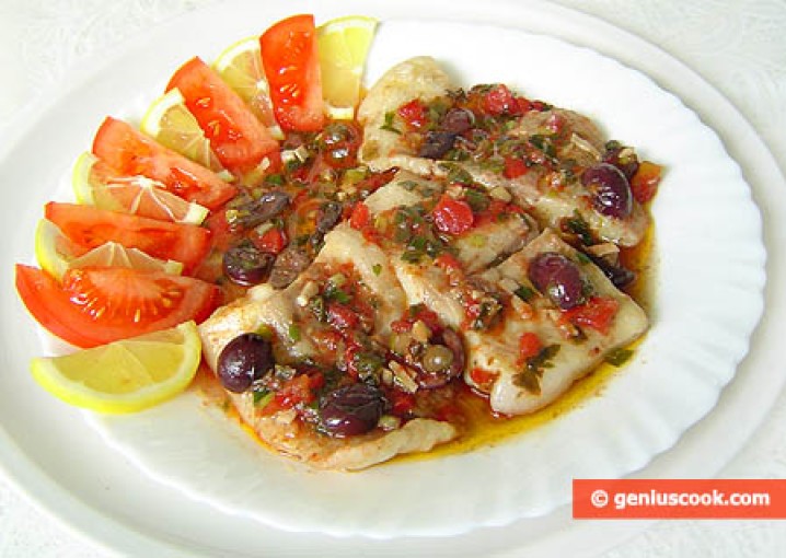 Рецепт - филе морского окуня тушёное с оливками