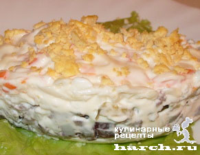 Рецепт - слоеный салат с говядиной и солеными грибами Мельник