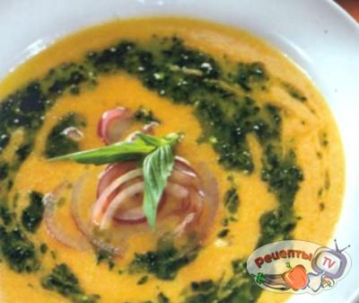 Рецепт - тыквенный суп с пастой из кинзы