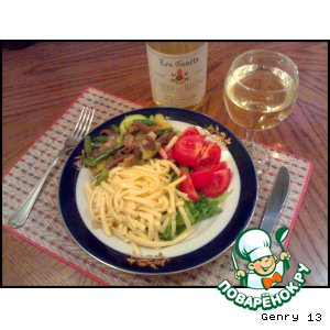 Макароны (Паста) с грудинкой, овощами и белым вином